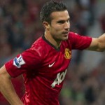 Robin Van Persie celebrates his first goal with Manchester United
