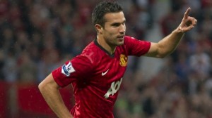 Robin Van Persie celebrates his first goal with Manchester United