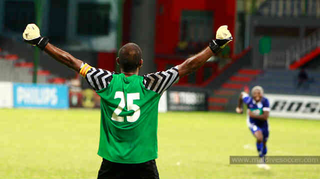 Imran Mohammed goalkeeper from the Maldives celebrates his extraordinary goal