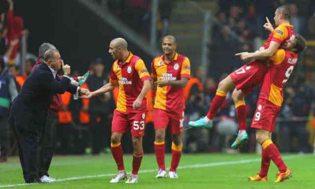Galatasaray celebrate their goal against Manchester United in Istanbul