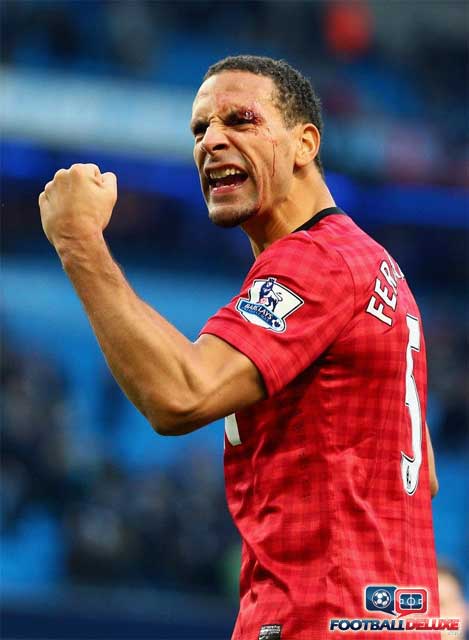 Rio celebrating the Manchester United win against City