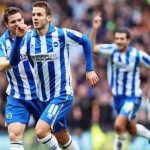 The team of Brigton celebrate their goal in the FA Cup play off against Newcastle