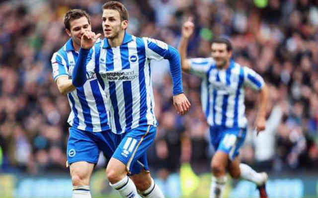 The team of Brigton celebrate their goal in the FA Cup play off against Newcastle