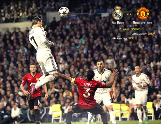 Cristiano Ronaldo scored with a spectacular header Wednesday as Real Madrid was held to a 1-1 home draw by Manchester United