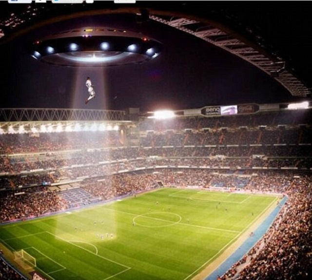 Cristiano ronaldo rises up into a UFO over the Bernabeu Stadium
