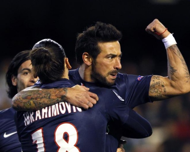 Goals by Ezequiel Lavezzi and Javier Pastore gave Paris Saint-Germain an important 2-1 away win at Valencia in a the first leg of their Champions League last-16 match Tuesday, which still ended badly for the French team as it allowed a late goal and had star striker Zlatan Ibrahimovic needlessly sent off in injury time.