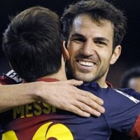 Leo Messi's penalty against Valencia put him just three short of the 300 mark for Barcelona- here we can see Cesc fabregas congratulating him.