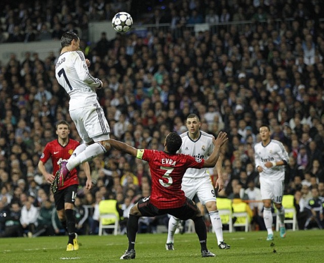 Ronaldo high in the air to score Real's equaliser against United on Wednesday night