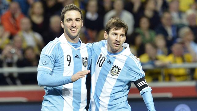 Sergio Aguero scored twice and Gonzalo Higuain was also on the score-sheet as Argentina defeated Sweden in a five goal thriller.