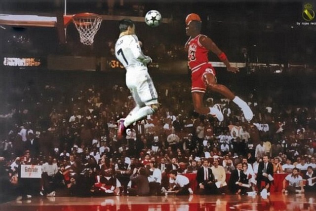 The legendary Michael 'Air' Jordan finds Ronaldo obstructing the basket-