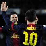 David Villa and Lionel Messi both score in their matches and celebrate together