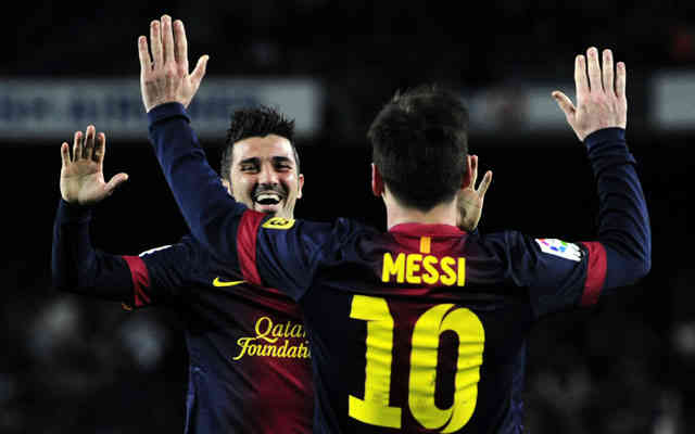 David Villa and Lionel Messi both score in their matches and celebrate together