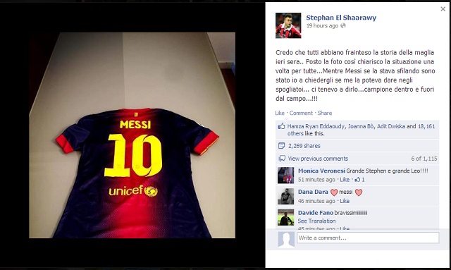 El Shaarawy denies reports of Messi not exchanging shirts on his official facebook page where he posted a photo of the shirt Messi gave him after the game