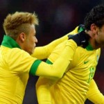 Neymar celebrates with Fred for his opener goal against Italy