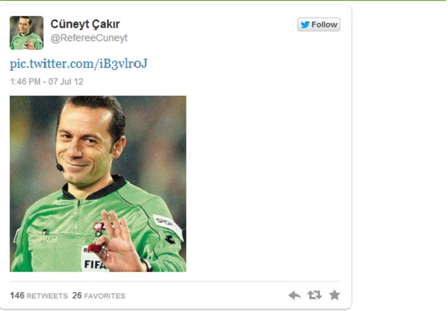 Turkish referee Cuneyt Cakir,  who gave Nani a red card  has a Twitter account and follows Real Madrid and Cristiano Ronaldo
