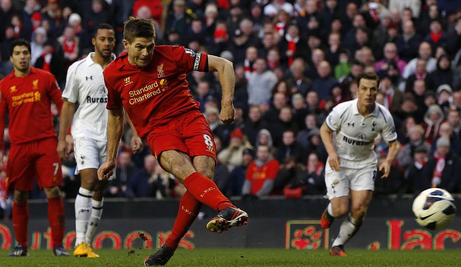 Liverpool's Steven Gerrard scores from penalty spot to sink Spurs