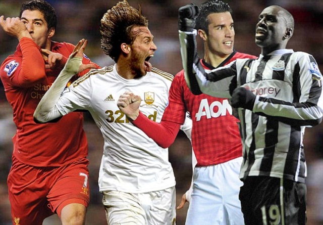 Four players - (left to right) Luis Suarez, Michu, Robin Van Persie and Demba Ba - are now locked on ten goals apiece at the top of the Premier League top scorers chart