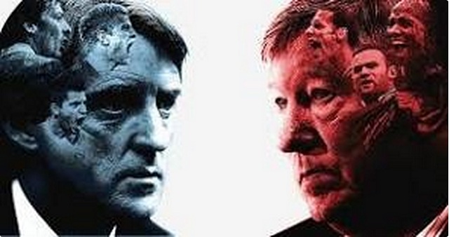 Man City's Roberto Mancini and Man United's Alex Ferguson square off