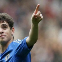 Oscar looks up with joy as he scores his goal giving Chelsea the open to win