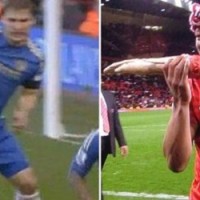 Patrice Evra mocks Suarez with arm bite celebration by grabbing a fake dismembered arm and pretending to bite it