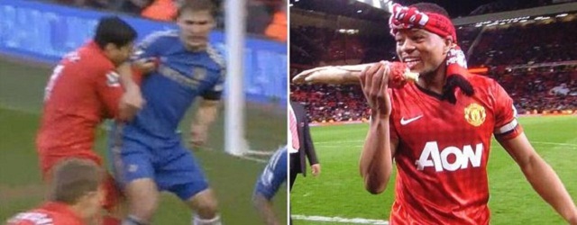 Patrice Evra mocks Suarez with arm bite celebration by grabbing a fake dismembered arm and pretending to bite it