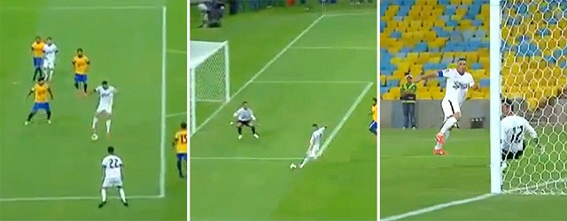 Ronaldo scores a fantastic goal in this charity match hosted by old Brazil team-mate Bebeto.