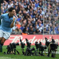 Samir Nasri celebrates the open goal for Manchester City