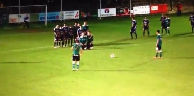 The viral video comes from an Austrian lower league match.After being given a free-kick, it looked like SC Weiz had something clever in mind as they positioned two players to kneel in front of the SC Fürstenfeldbruck wall.