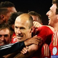 Bayern Munich players celebrate in their semi final win against Barcelona