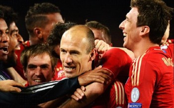 Bayern Munich players celebrate in their semi final win against Barcelona