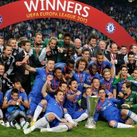 Chelsea celebrate their Europa League Final win secured by a 93rd minute goal by Branislav Ivanovic against Benfica