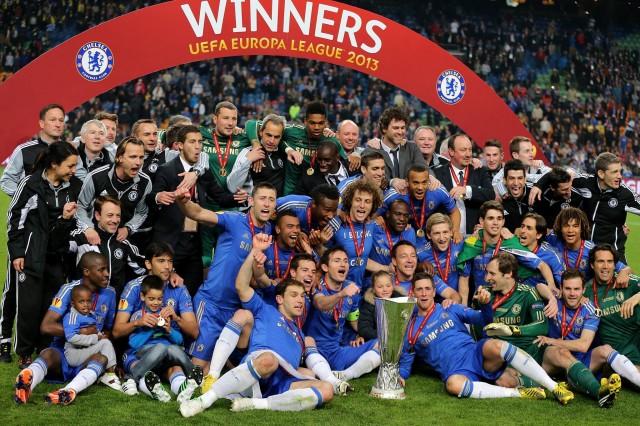 Chelsea celebrate their Europa League Final win secured by a 93rd minute goal by Branislav Ivanovic  against Benfica