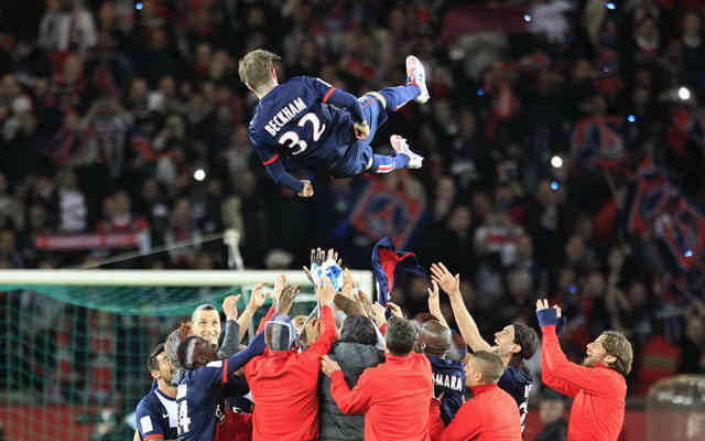 David Beckham team celebrate for his last game with PSG