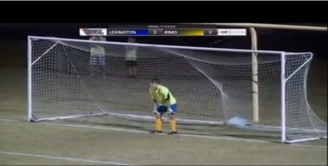 Goalie celebrates saved penalty, ball spins in (Irmo v Lexington, USA)