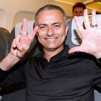 Jose Mourinho looks like he is rejoicing at the defeat of Barcelona against Bayern Munich , a 7-0 loss on aggregate that he mocks by showing seven fingers