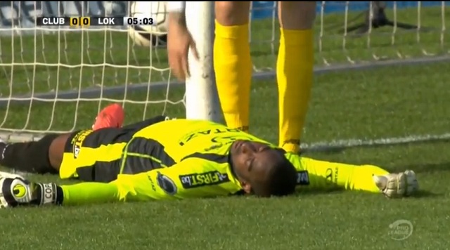 Lokeren goalkeeper Boubacar Copa Barry was knocked unconscious after colliding with the post in an attempt to save Carlos Bacca's shot. 