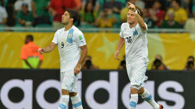 Diego Forlan celebrates his amazing goal
