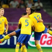 Zlatan celebrates with his team mates with his goal