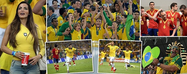 Brazil 3 Spain 0-Neymar and Fred led the Brazilian assault on Spain's hapless defence as the Confederation Cup hosts humbled the world and European champions with a crushing victory.