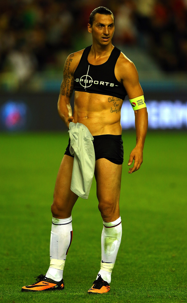 Swapping shirts after the 1-0 pre-season loss in his native Sweden, Ibrahimovic revealed a bikini-esque outfit underneath his PSG kit.