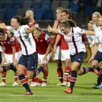 Norway's womens football team celbrate after beating Denmark in the Euro 2013 semi-final on penalty shootout