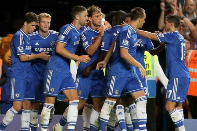Chelsea celebrate their victory over Villa