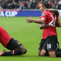 Manchester United goal scorers celebrate their goals together