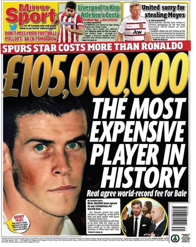 The Daily Mirror has a great back page today, with the headline shouting '£105,000,000- The most expensive player in history'