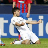 Aguero celebrates his smashing goal in the Champions League