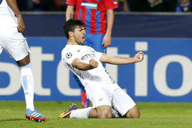 Aguero celebrates his smashing goal in the Champions League