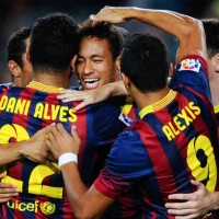 Barcelona celebrate with Neymar with his first goal in the La Liga