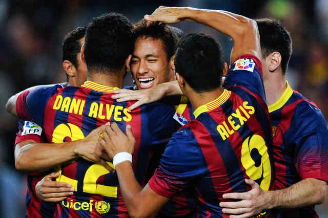 Barcelona celebrate with Neymar with his first goal in the La Liga