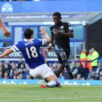 Barry defends against Eto's goal at the Everton stadium