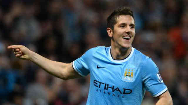 Jovetic celebrates his goal with Manchester City